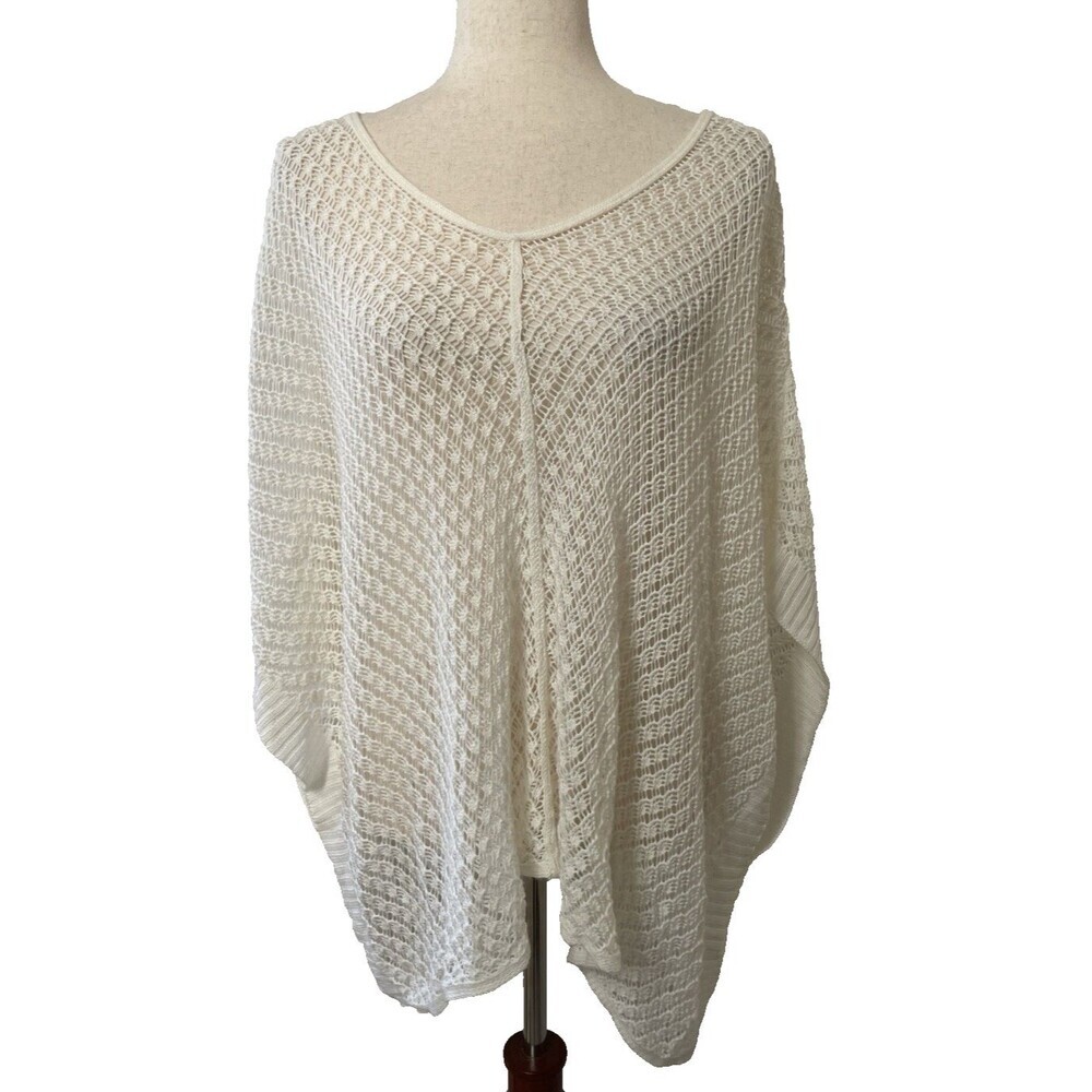 Allen B Womens L White Open Knit Poncho Sweater Lightweight Boho Beachy Festival